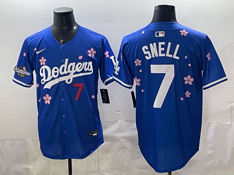 Men Nike 2026 Los Angeles Dodgers #7 Snell Blue Sakura Edition Game MLB Jersey 0010